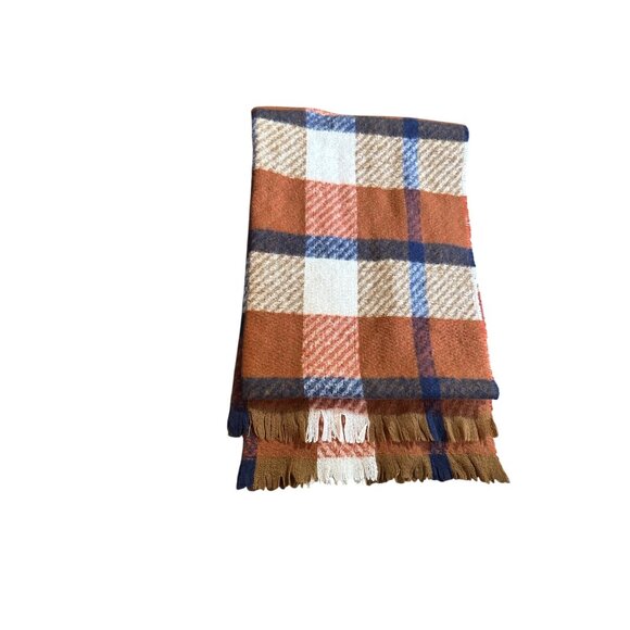 Plaid Blanket Scarf With Fringed Edges - Rust Navy Cream & Tan Soft Winter Wrap - Picture 5 of 10